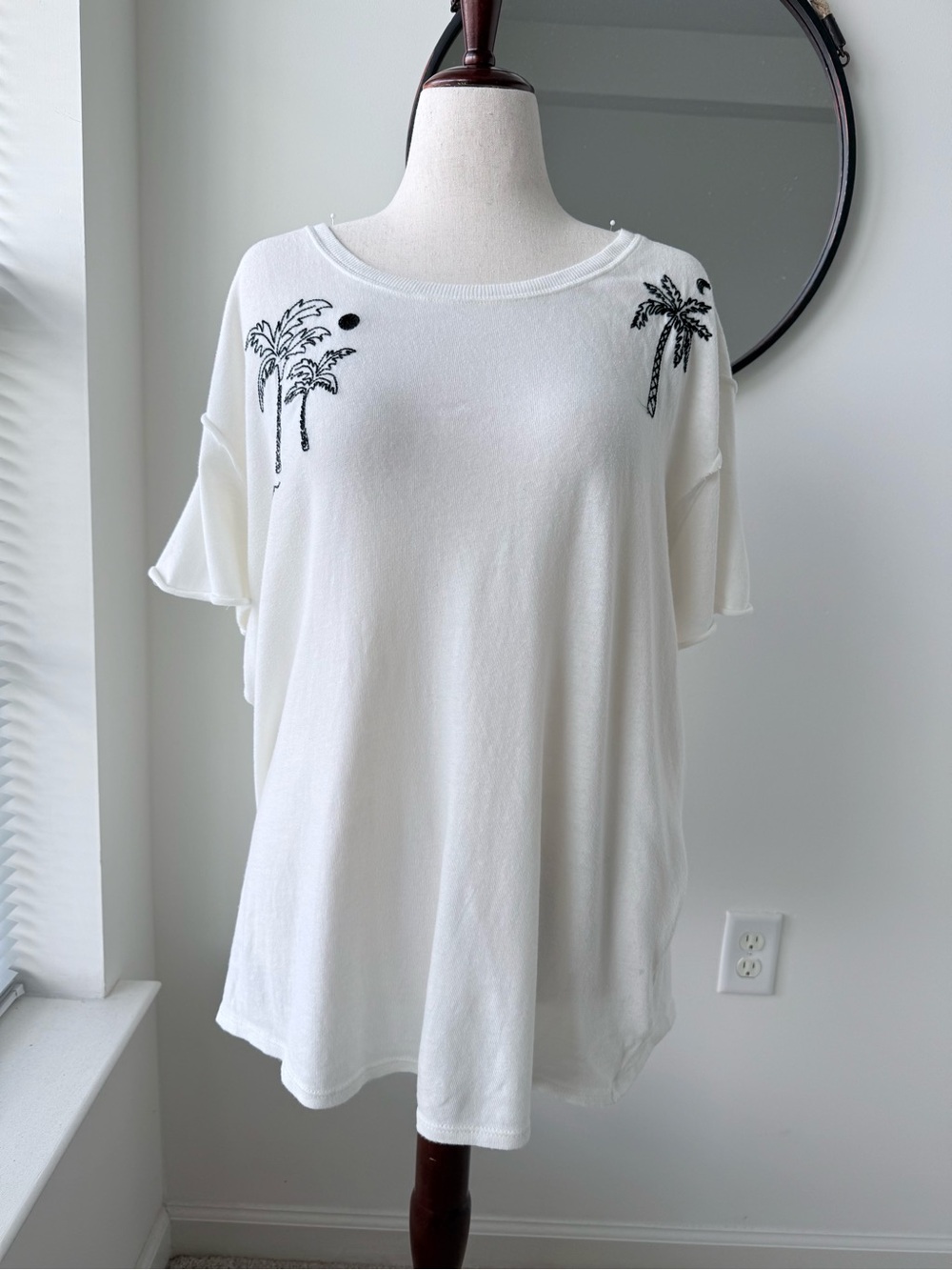 We The Free White Short Sleeve Top with Black Palm Embroidery NWOT